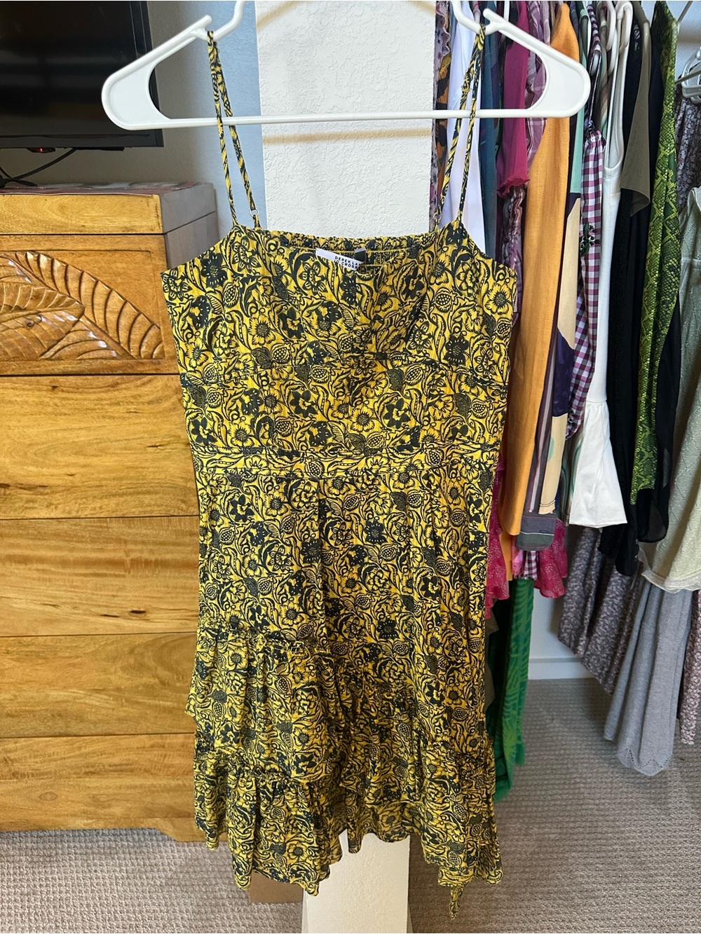 Derek Lam Yellow and Black Floral Tiered Spaghetti-Strap Mini Dress